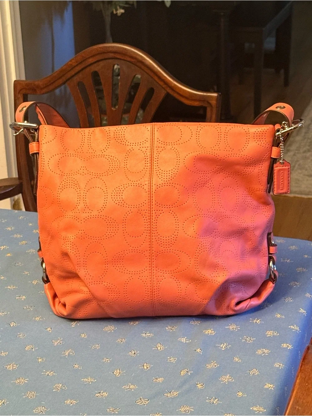 Coral Perforated Leather Shoulder Bag